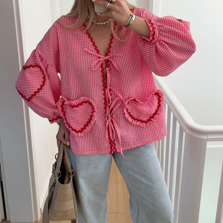 Dame Oversized Bluse med hjerteapplikationer og flæse detaljer Stilla