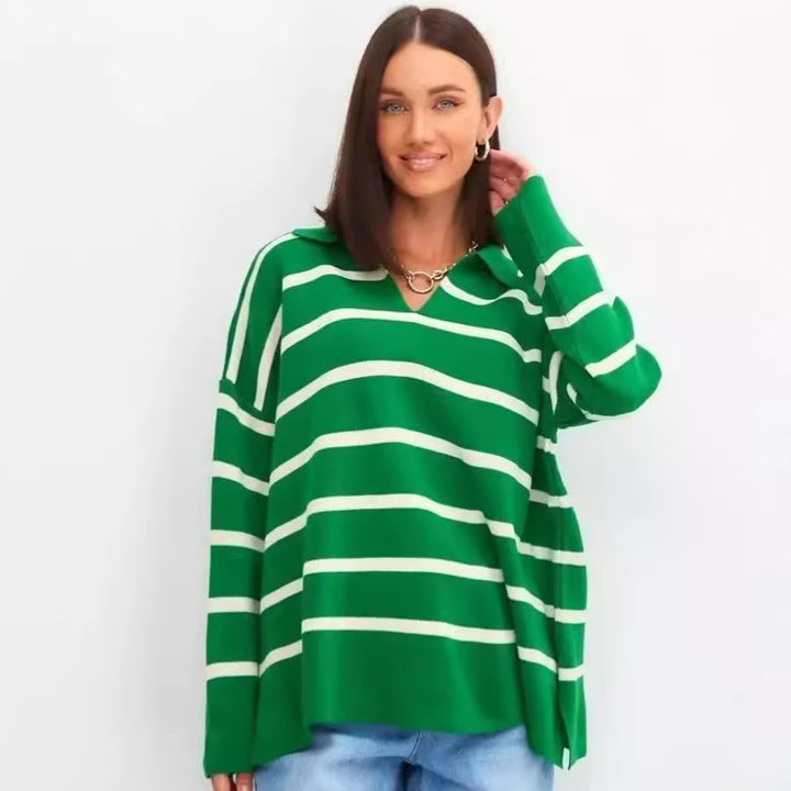 Dame afslappet strikpullover med klassisk polo krave og moderne stribemønster Stilla
