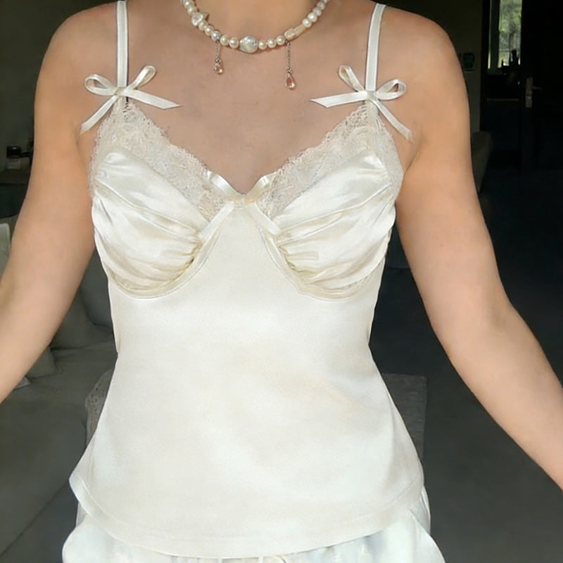 Dame Satin-Camisole med blonder og legende sløjfer Skovae