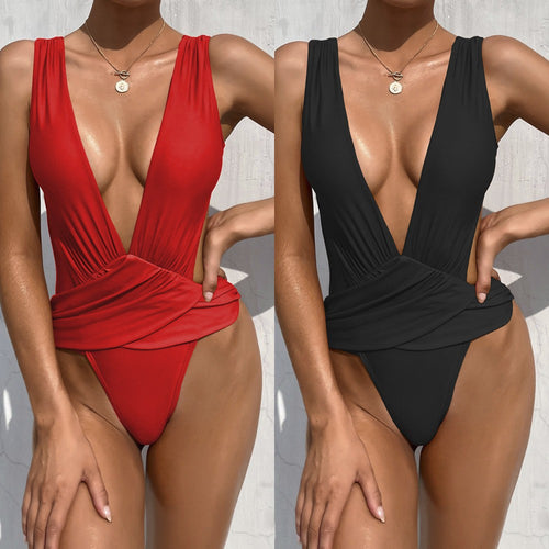 Dame one-piece badedragt med dyb V-udskæring og omslag detalje Skovae