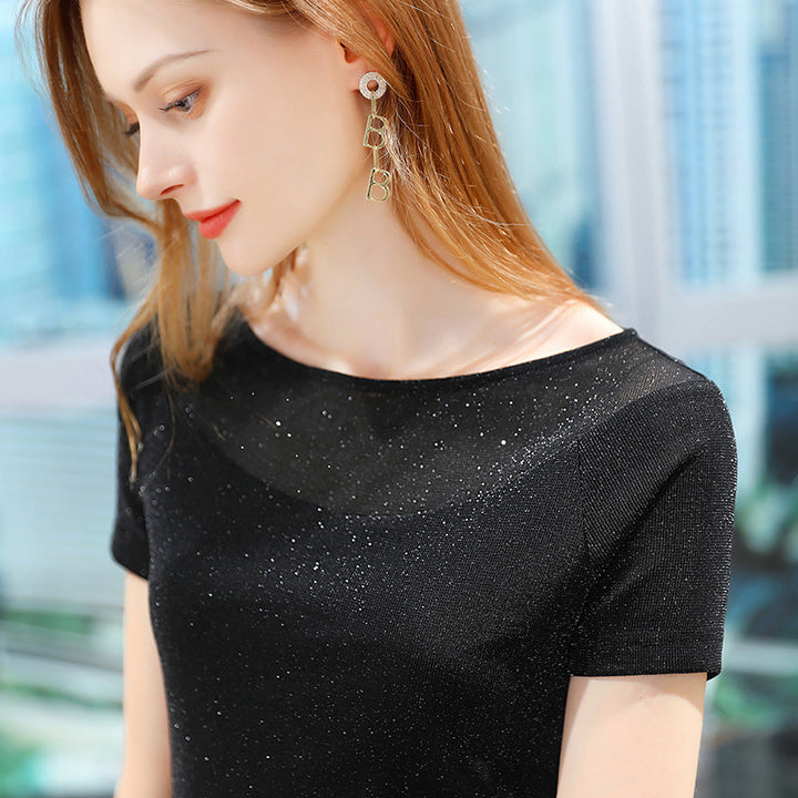 Dame Figurtilpasset Glitter T-Shirt med elegant Rundhalset udfordring Stilla