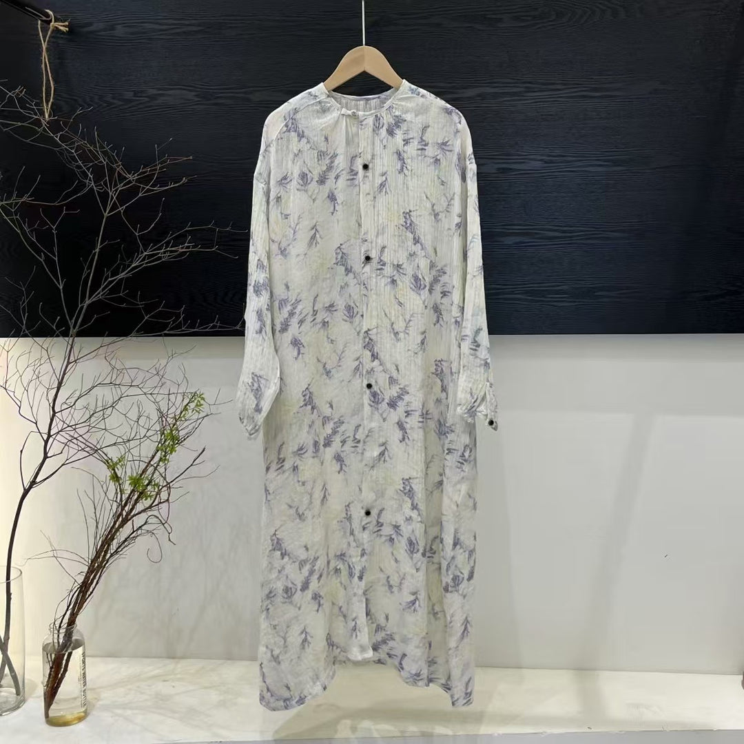 Dame Floral Print Lange Knaplukning Kjole Stilla