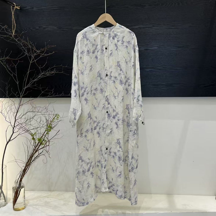 Dame Floral Print Lange Knaplukning Kjole Stilla