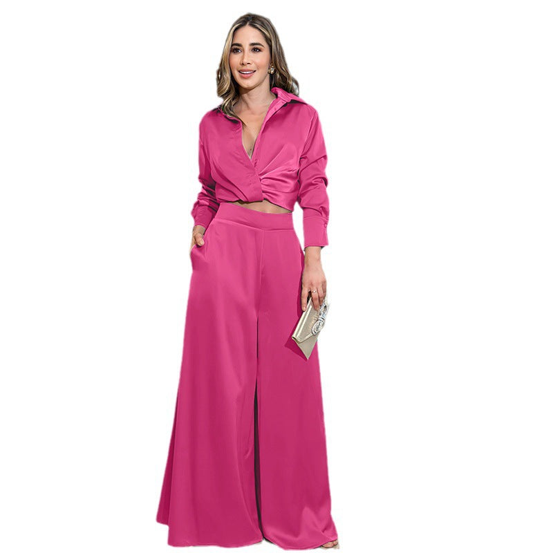 Dame elegant to-delt med cropped bluse og vidde bukser Stilla