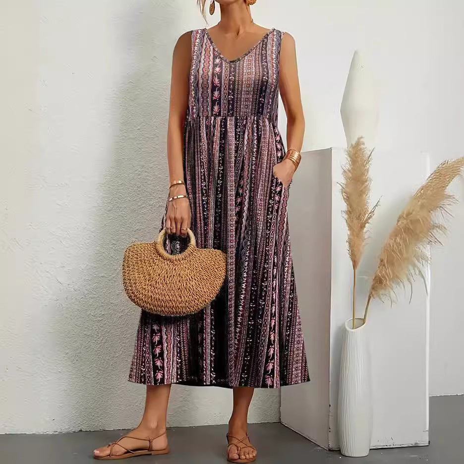 Stilla | Elegant Ærmeløs Lomme V-Hals Print Sommerkjole