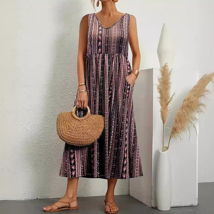 Stilla | Elegant Ærmeløs Lomme V-Hals Print Sommerkjole