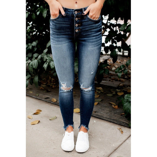 Femme Høj siddende revet Skinny Jeans med knap-liste Stilla