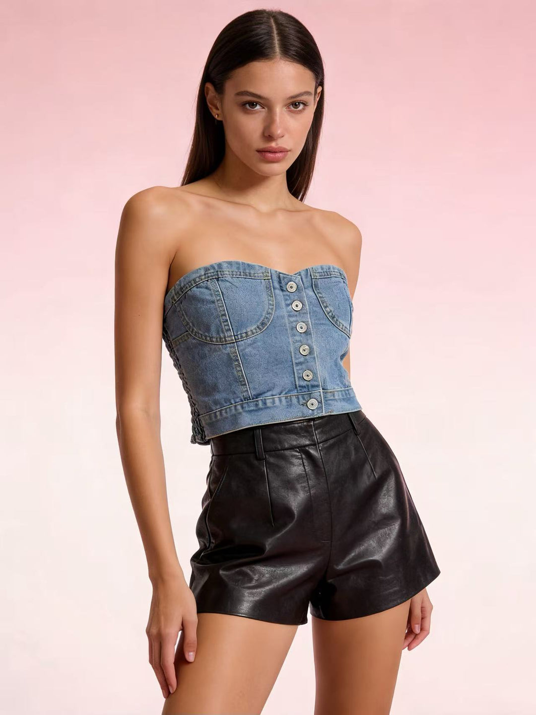 Dame Denim Bustier-overdel med knapdetaljer og figursyet snit Skovae