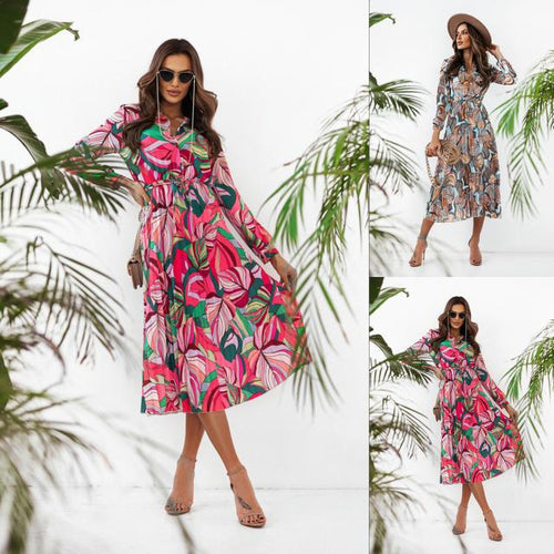 Dame Floral Print Langærmet Midi Kjole Stilla