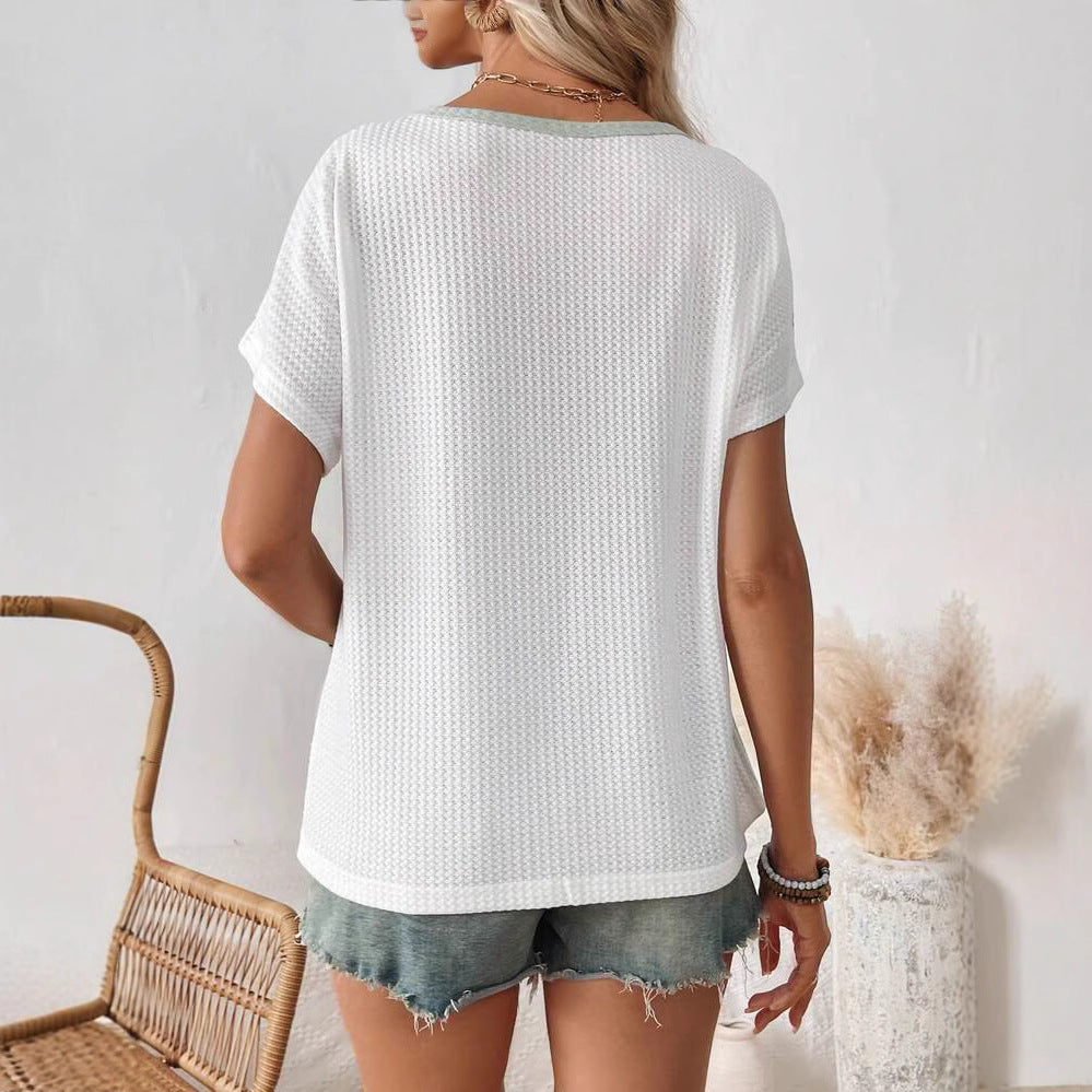 Dame vaffelstruktur T-shirt med moderne blokstribemønster Stilla