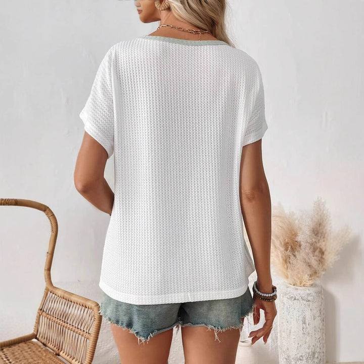 Dame vaffelstruktur T-shirt med moderne blokstribemønster Stilla