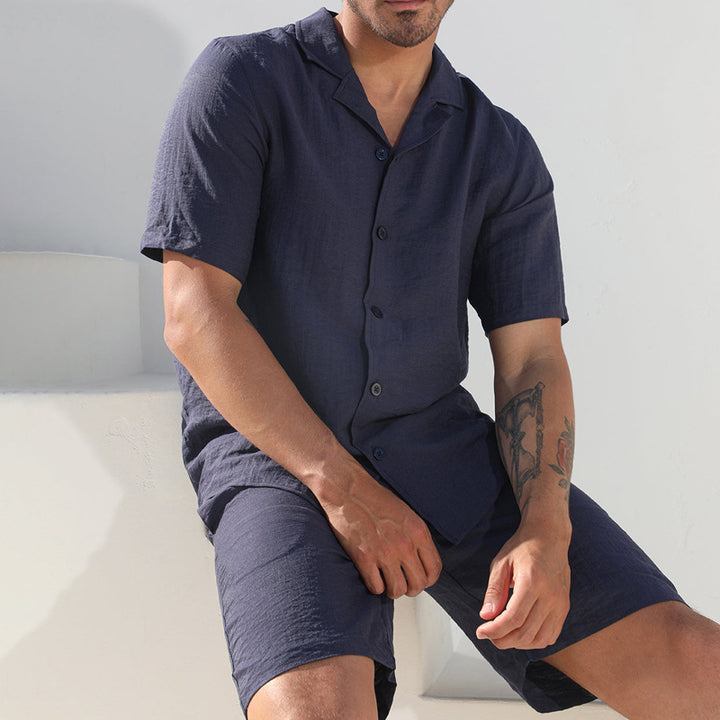 Herrer Let stråshorts med matchende skjorte Stilla