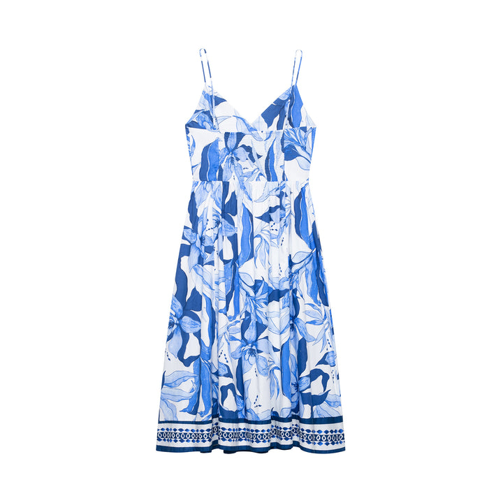 Dame Floral Print A-linje Midi Kjole med justerbare stropper og flæsekanter Stilla