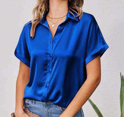 Dame Satin-bluse med overlappende skuldre Stilla