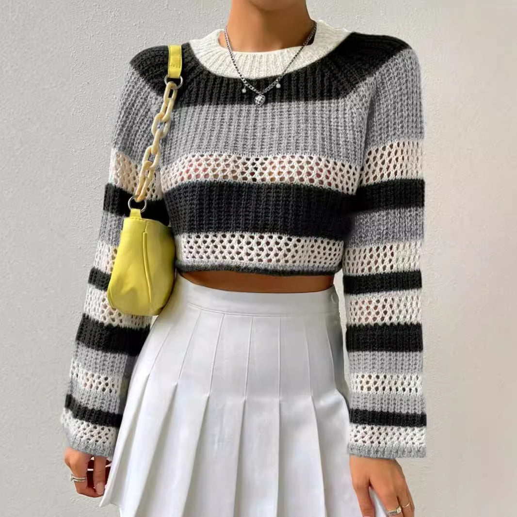 Dame afslappet cropped strikpullover med netdesign og stribemønster Stilla