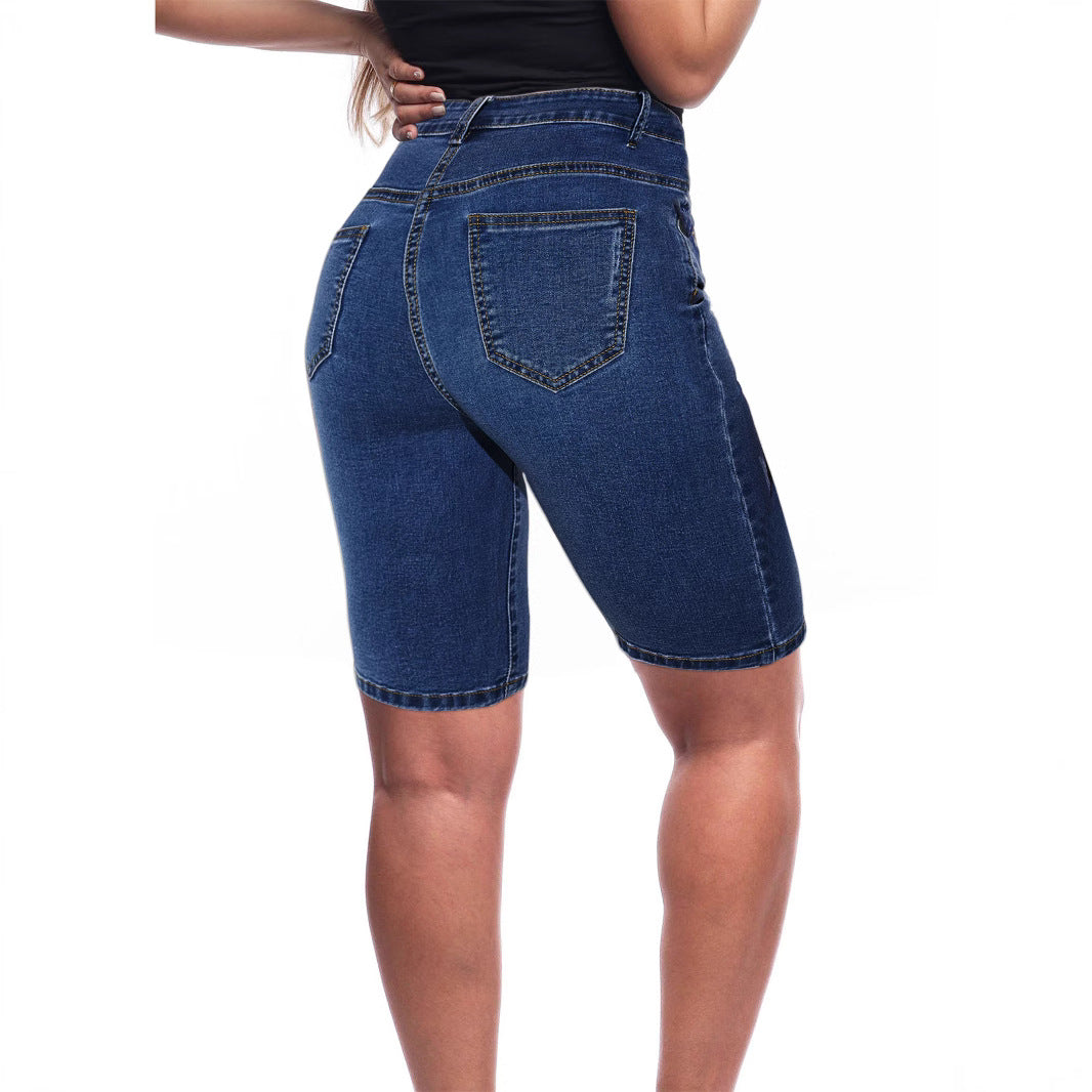 Dame højkvalitets denim-shorts med høj talje og tætsiddende snit Stilla