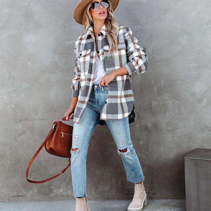 Dame afslappet oversized flanneljakke i ternet mønster med knapbar krave Stilla