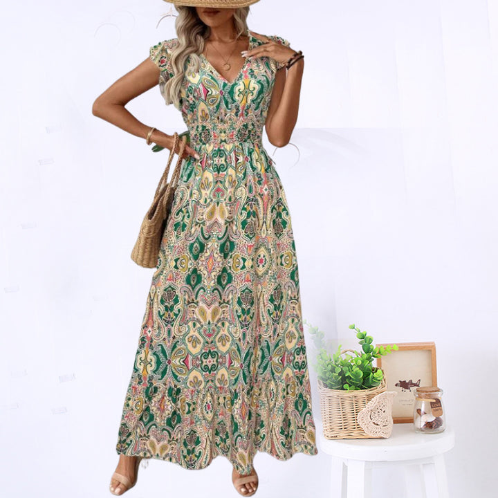 Femme Elegante Bohemian Maxi Kjole med korte ærmer Stilla