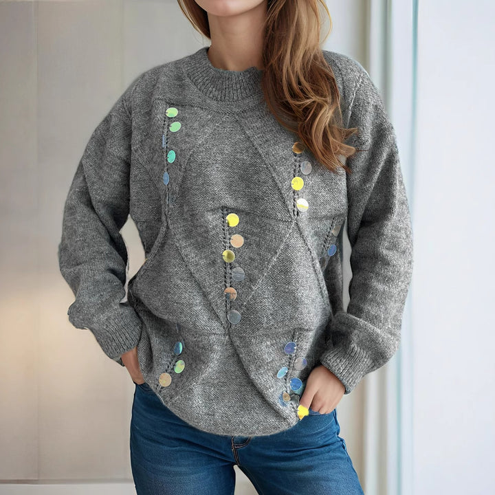 Dame hyggelig strikket pullover med glitrende perler Stilla
