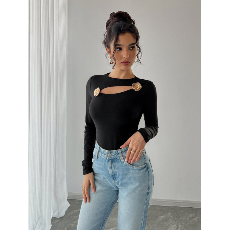 Dame Elegant Langærmet Bodysuit med dekorative Blomsteraccenter Skovae