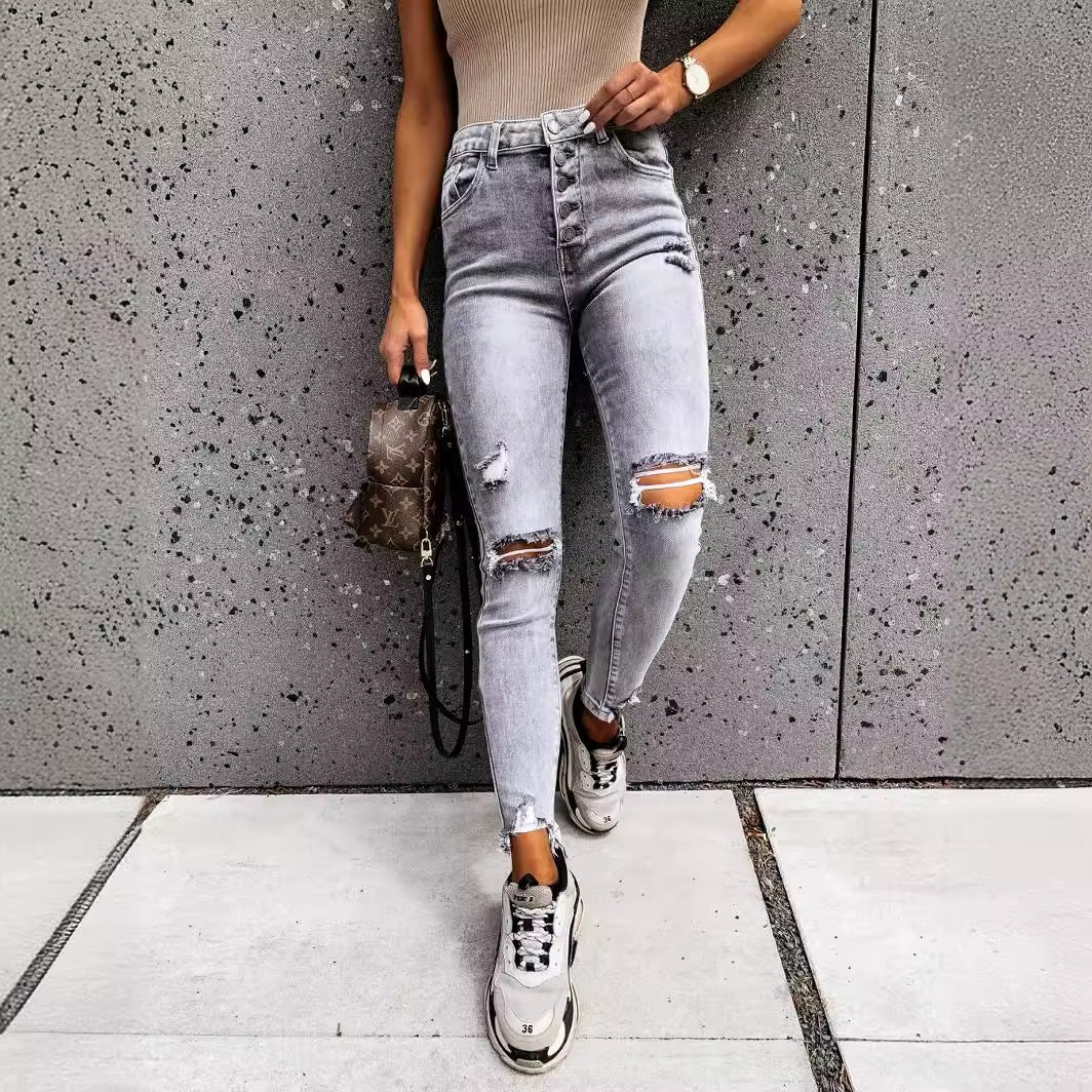 Dame Skinny Jeans med strategiske Ripped-detaljer og høj talje Stilla