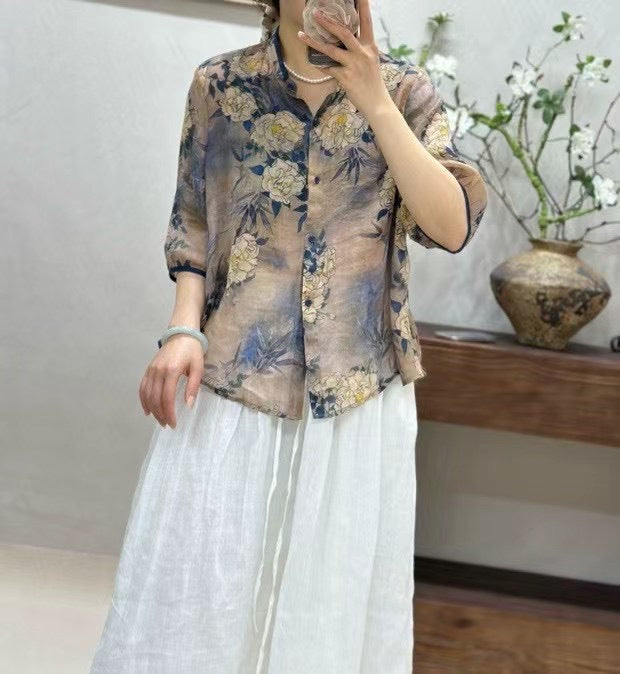 Dame Button-Up Blomstermønster Bluse Stilla