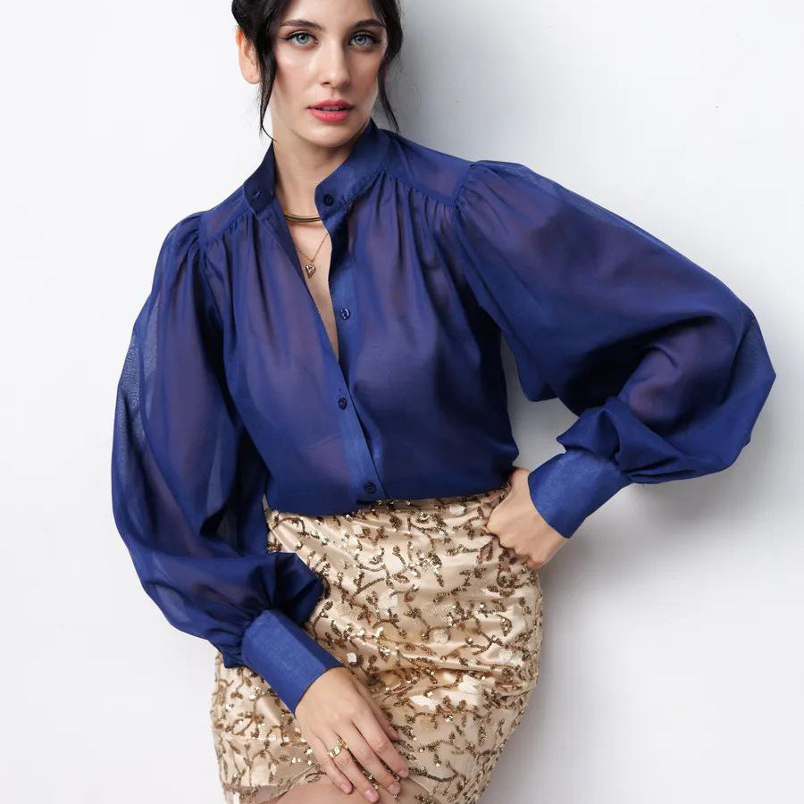 Damer Elegant Bluse med voluminøse Puffærmer og gennemsigtigt Stof Stilla