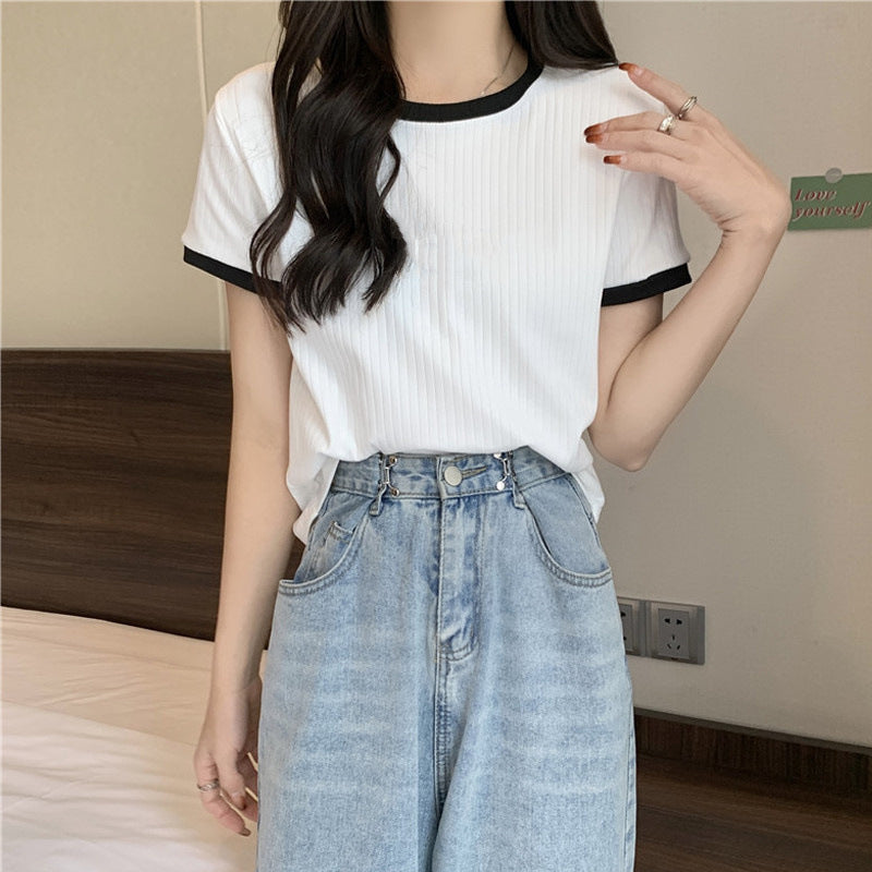Femme Ribbstrik Kontrastkant T-Shirt Stilla
