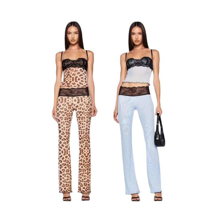 Dame leggings sæt med forførende spidse detaljer og moderne leopardprint Stilla