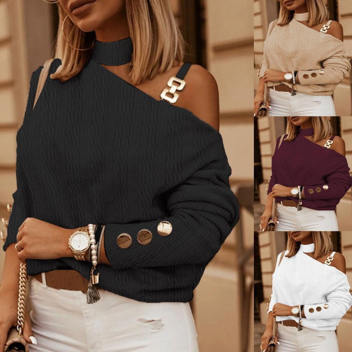 Dame Off-Shoulder Pullover med unikt design og dekorative knapdetaljer Stilla