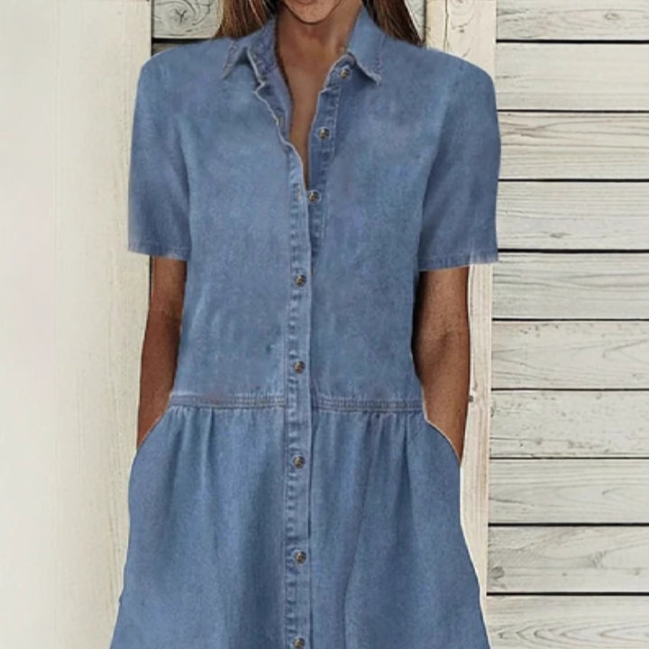 Dame Button-Up Denim Midi Kjole med Lommer Stilla