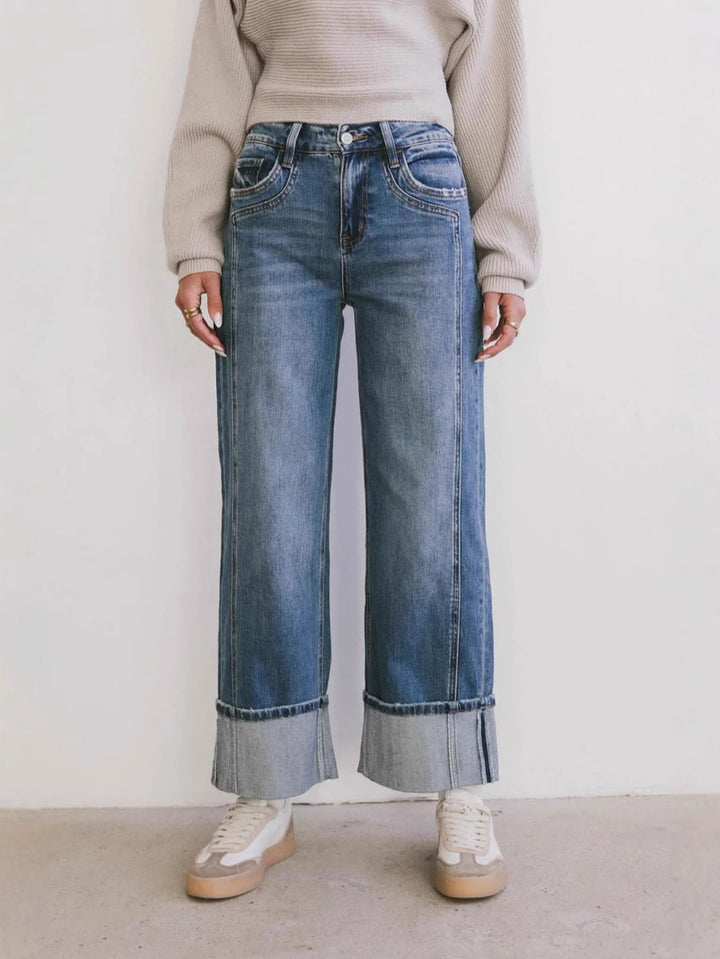 Dame brede denim-bukser med iøjnefaldende opfoldning og afslappet snit Stilla