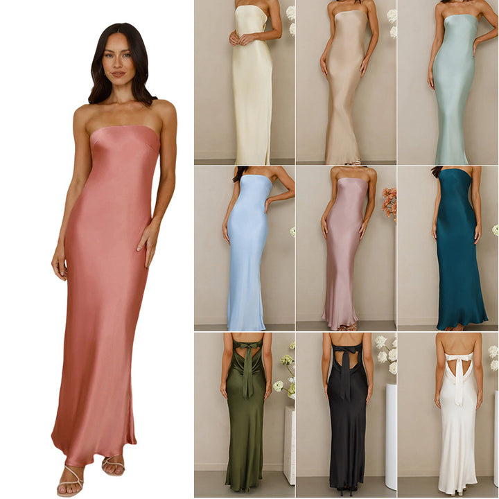 Kvinders elegante off-shoulder maxi kjole lavet af satinlignende materiale