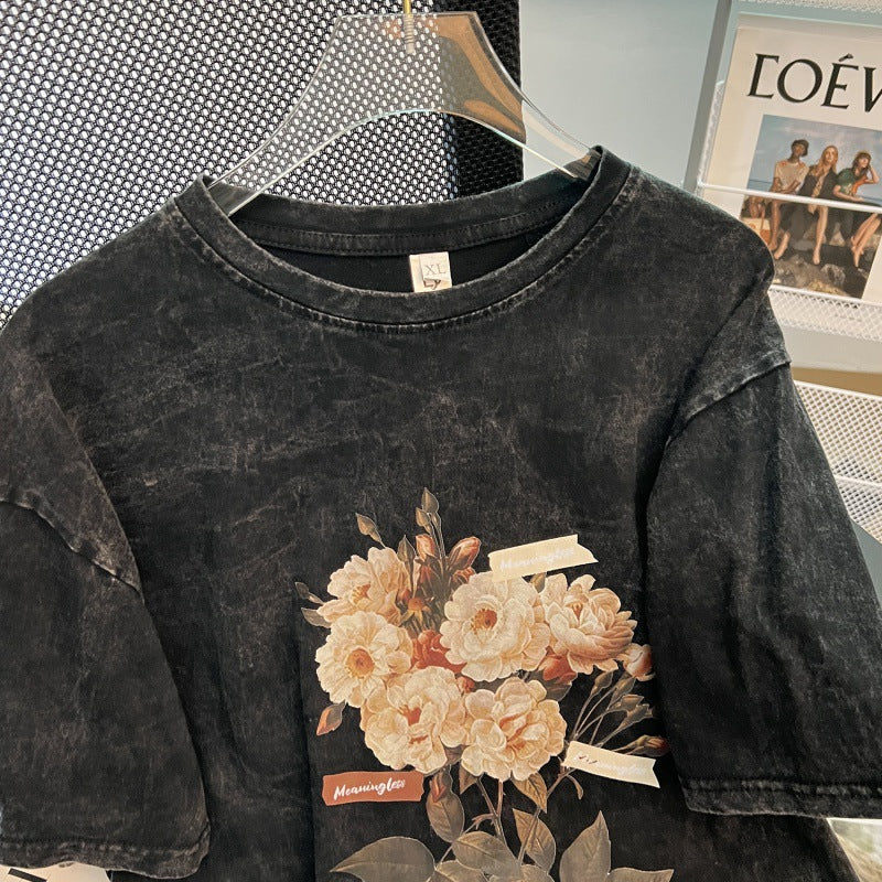 Dame Oversized T-Shirt med blomstret vintage-tryk og unik skrifttype Stilla