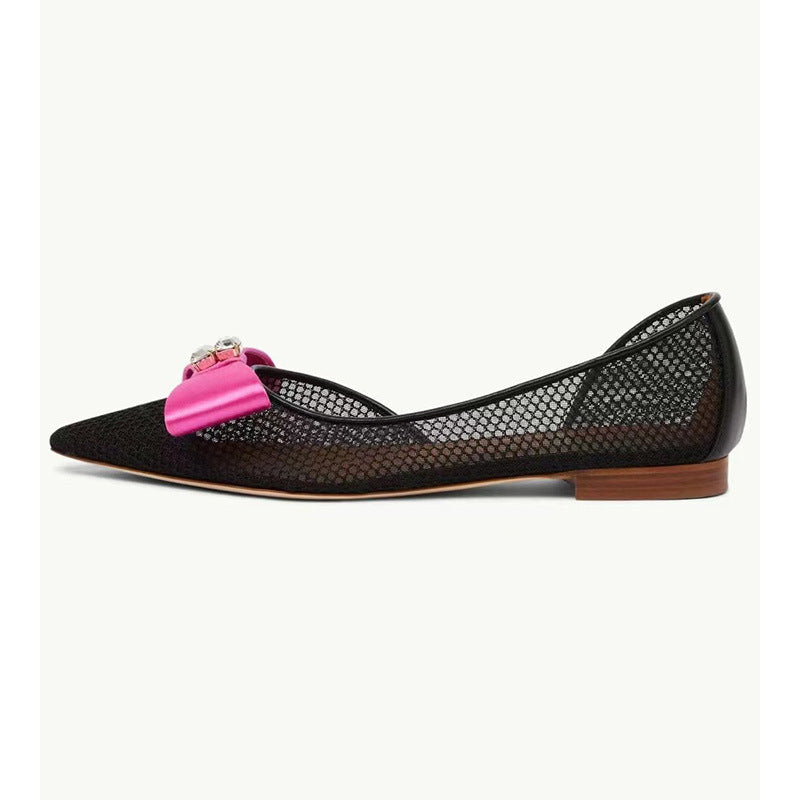 Dame elegante mesh spids tå ballerinaer med satin sløjfe detalje Stilla