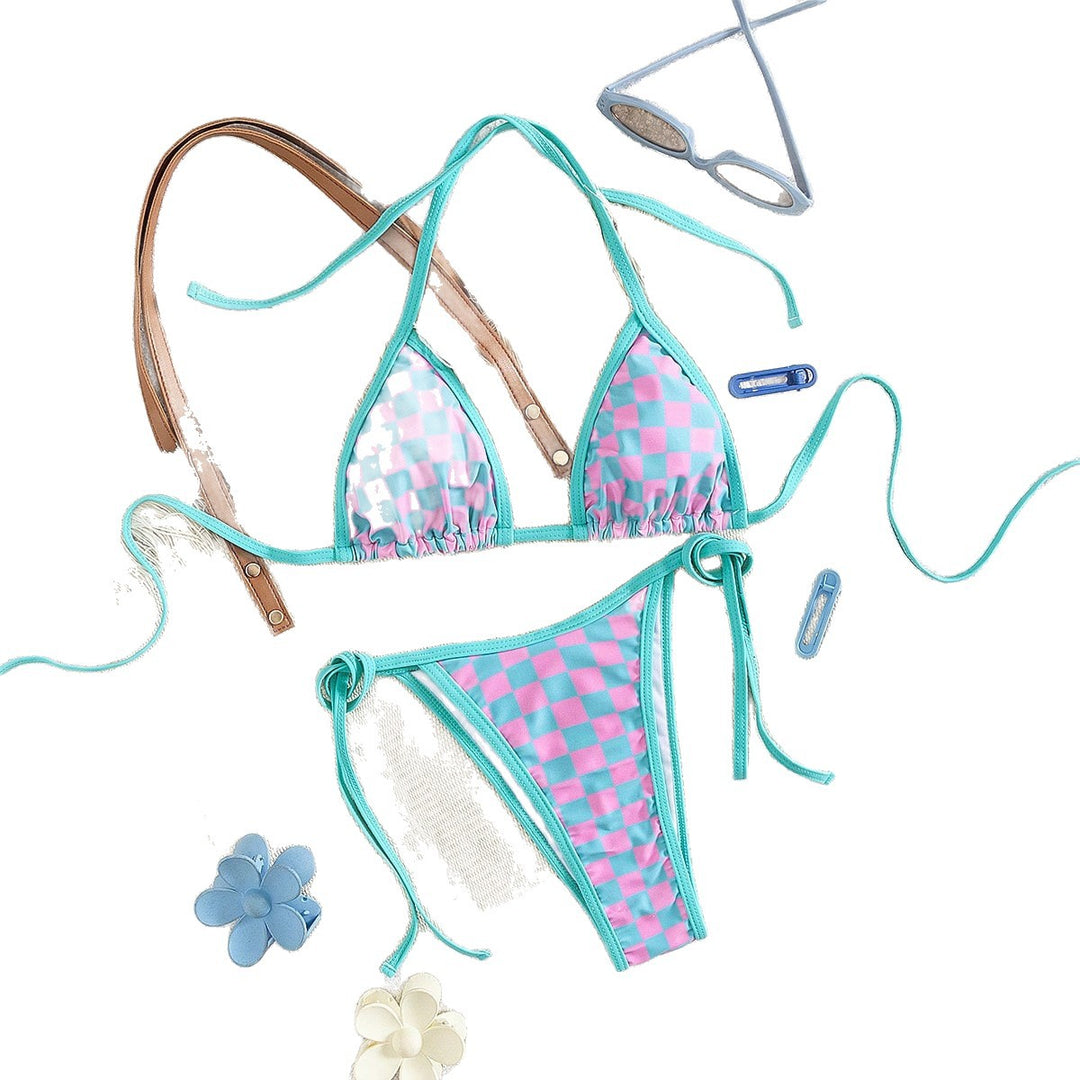 Dame Triangel-Bikini med ternet mønster og raffinerede bindebånd Skovae