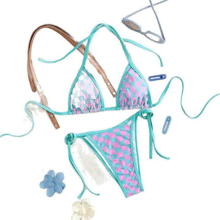 Dame Triangel-Bikini med ternet mønster og raffinerede bindebånd Skovae