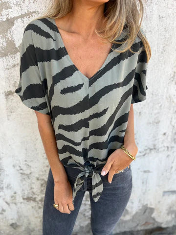 Dame Elegant V-Hals Knytte-Front Bluse Stilla