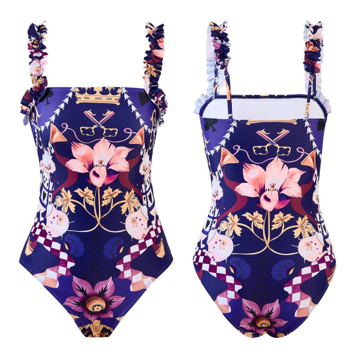 Dame one-piece bikini med legende blomsterdesign og matchende strandkjole Skovae