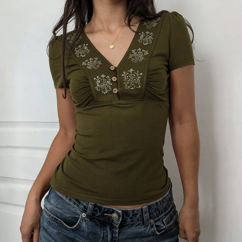 Dame T-shirt med blomstret broderi og knapdetaljer Skovae