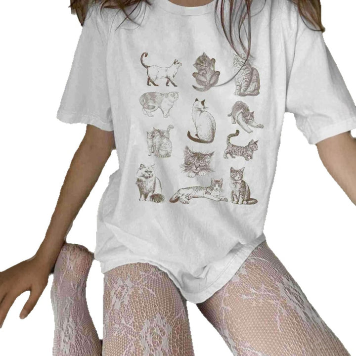Dame T-shirt med kunstnerisk kattemotiv og afslappet snit Skovae