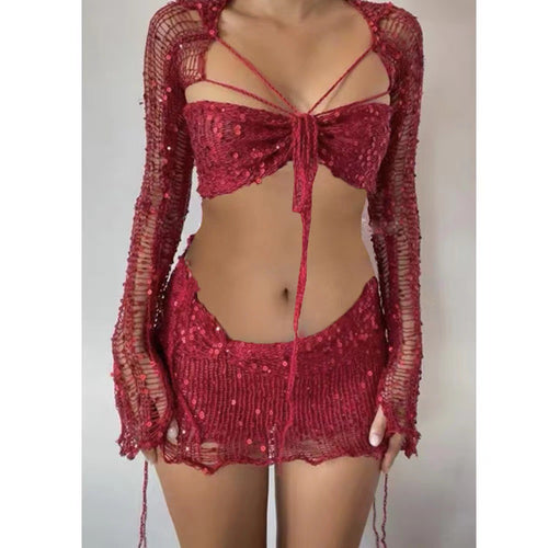Dame Crop-Top med glitrende pailletter og lange bånd Stilla