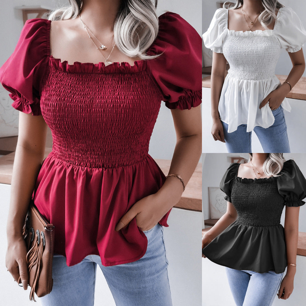 Dame puffærme bluse med flæsedetaljer og elastisk bund Stilla