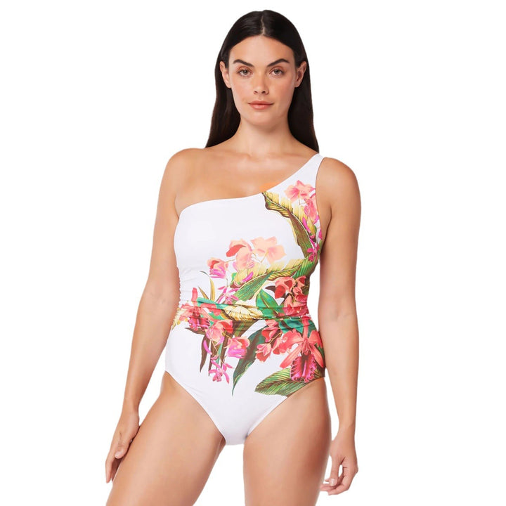 Dame heldragt badedragt med blomsterdesign og figurformende rynker Stilla
