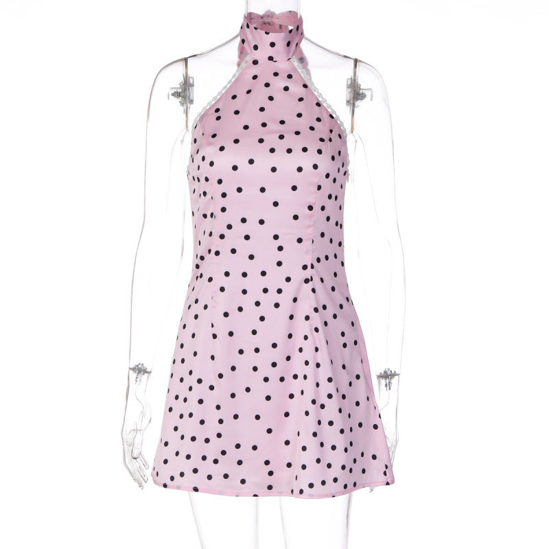 Damen Polka-Dot Minikleid mit hohem Kragen und A-Linien-Schnitt Skovae