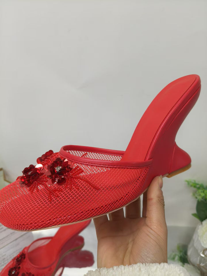 Femme Dekorative Netz-Mules med blomstermotiver Stilla