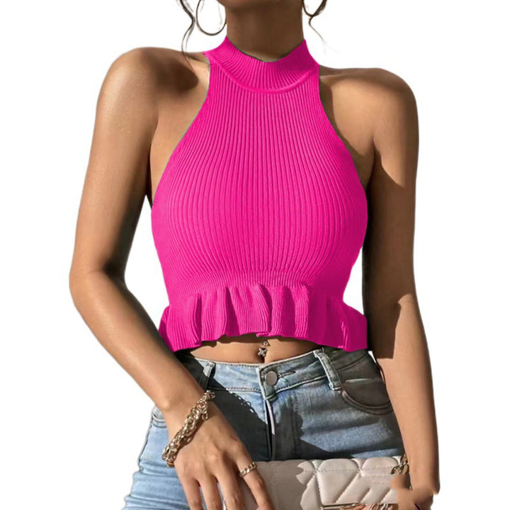 Dame Ribstrik Højkrave Peplum Crop Top Stilla