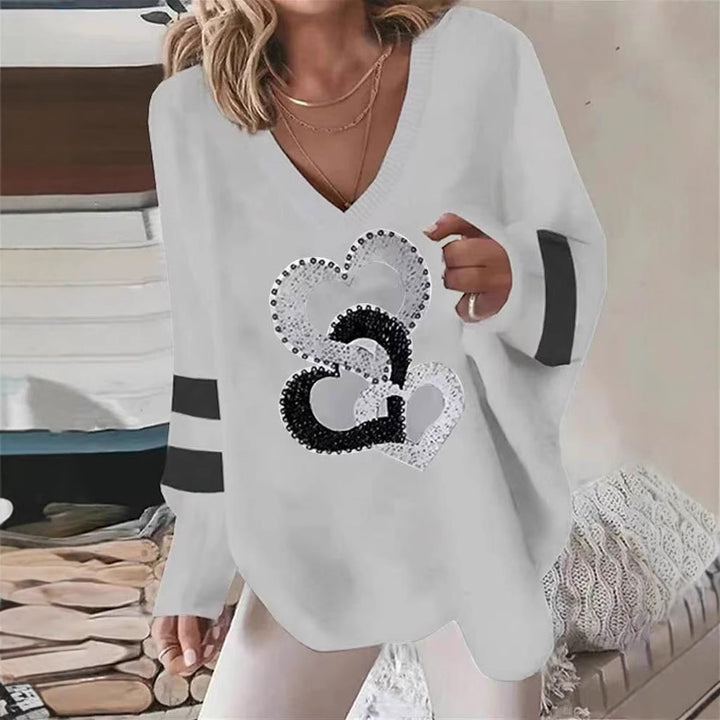 Damer V-hals sweatshirts med glitrende hjerte-motiver Stilla