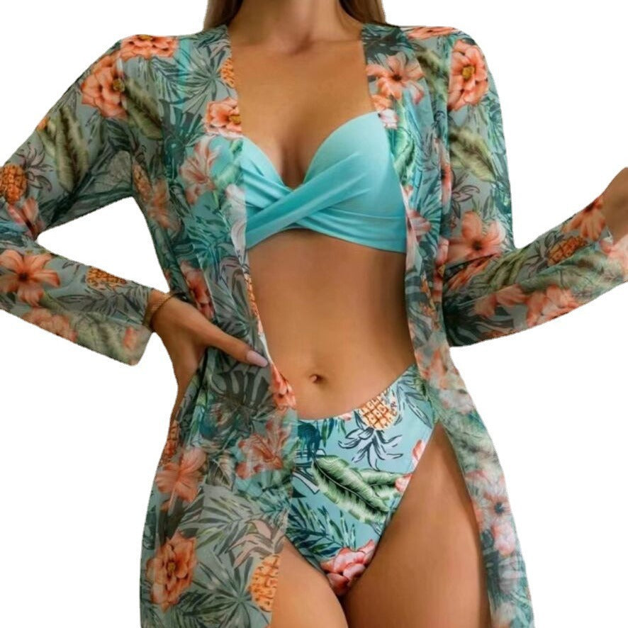 Dame Strand-Kimono-Sæt med blomstermønster og høj benåbning Stilla