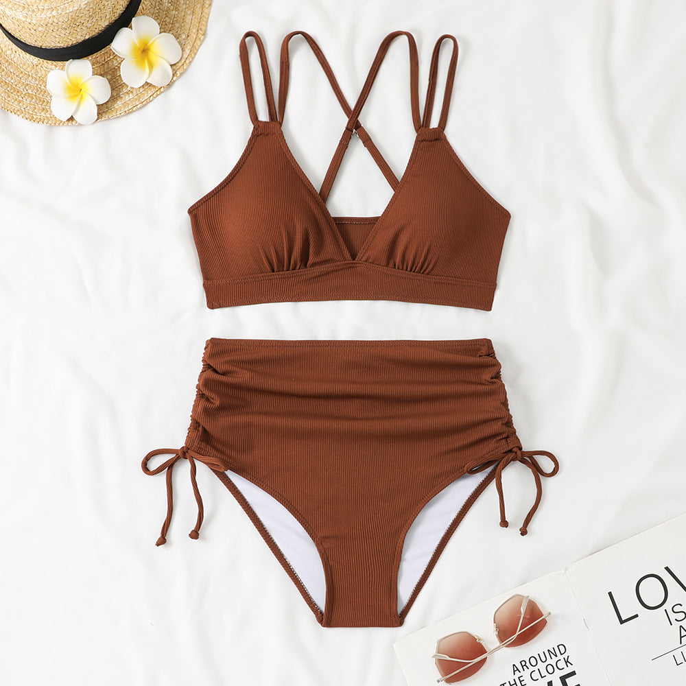 Dame Rib-Højtalje-Bikini-Sæt med justerbare sidebånd Stilla